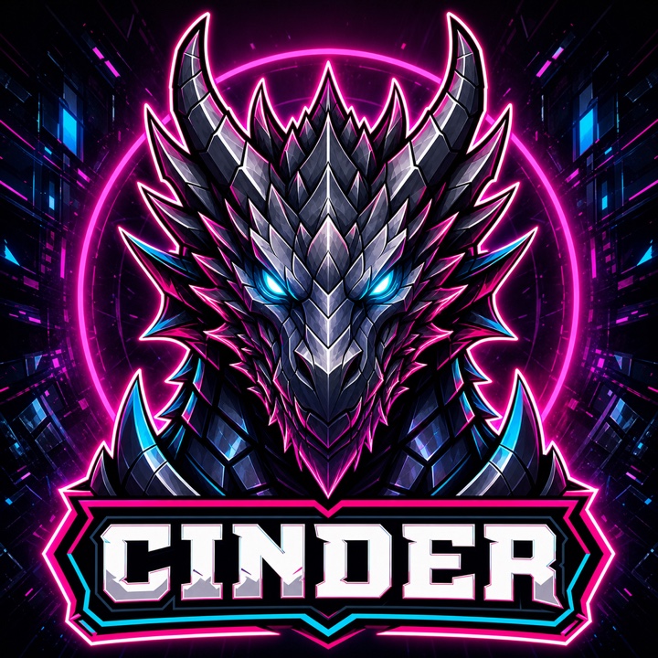 Finished cyberpunk dragon mascot avatar labeled CINDER.